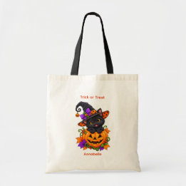 Schwarze Katze in Halloween-Kürbis individuell Tragetasche