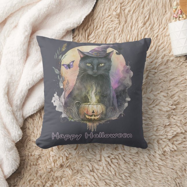 Schwarze Katze in Hexen Hat Gray Celestial Hallowe Kissen (Decke)