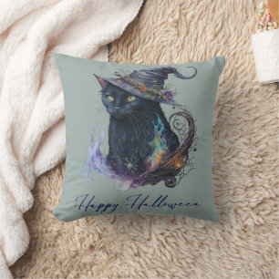 Schwarze Katze in Hexenhut Grün Frohes Halloween Kissen