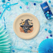 Schwarze Katze in Hexenhut Halloween Pappteller (Party)