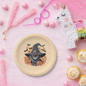 Schwarze Katze in Hexenhut Halloween Pappteller (Party)