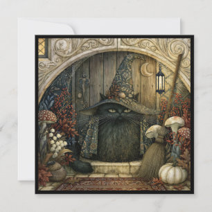 Schwarze Katze in Hexenhut Halloween-Party-Einladu Feiertagskarte