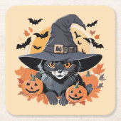Schwarze Katze in Hexenhut Halloween Rechteckiger Pappuntersetzer (Vorderseite)