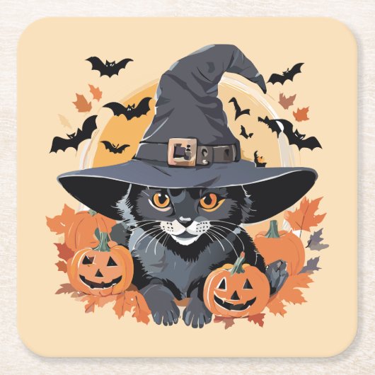 Schwarze Katze in Hexenhut Halloween Rechteckiger Pappuntersetzer (Vorderseite)