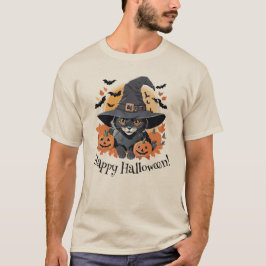 Schwarze Katze in Hexenhut Halloween T-Shirt