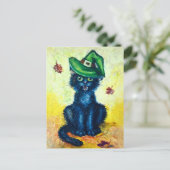 Schwarze Katze in Hexenhut Postkarte (Stehend Vorderseite)