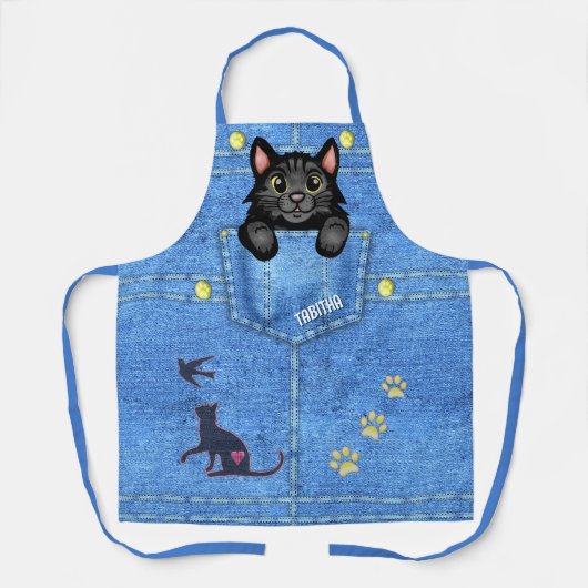 Schwarze Katze in Imitaten Denim Pocket mit Indivi Schürze (Vorderseite)