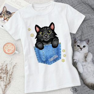 Schwarze Katze in Imitaten Denim Pocket mit Indivi T-Shirt