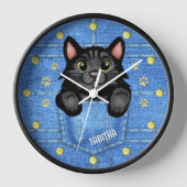 Schwarze Katze in Imitaten Denim Pocket mit Indivi Uhr (Vorderseite)