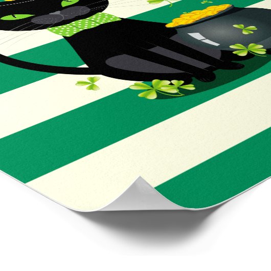 Schwarze Katze in Krawatte und Hut mit grünem Klee Poster (Ecke)