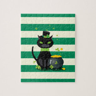 Schwarze Katze in Krawatte und Hut mit grünem Klee Puzzle