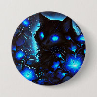 Schwarze Katze in leuchtend blau