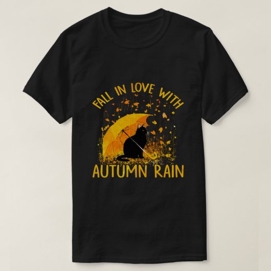 Schwarze Katze in Liebe mit Herbstregen T-Shirt (Design vorne)