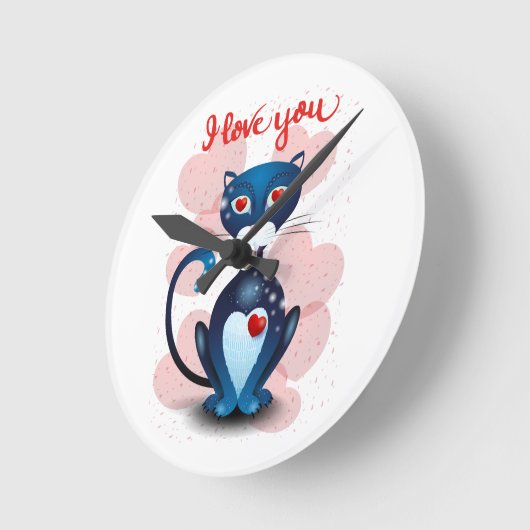 Schwarze Katze in Liebe Runde Wanduhr (Winkel)