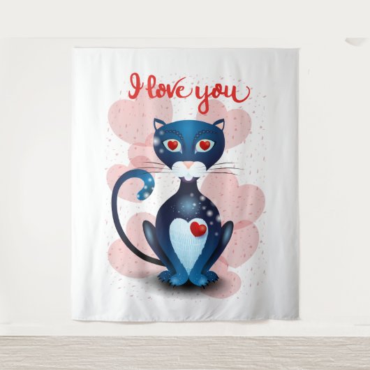 Schwarze Katze in Liebe Wandteppich (Vorderseite)