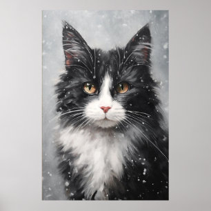 Schwarze Katze in Schneeplakat Poster