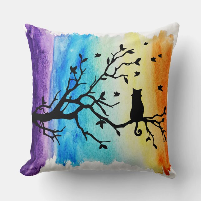 Schwarze Katze in Silhouette Tree Regenbogen Wasse Kissen (Vorderseite)