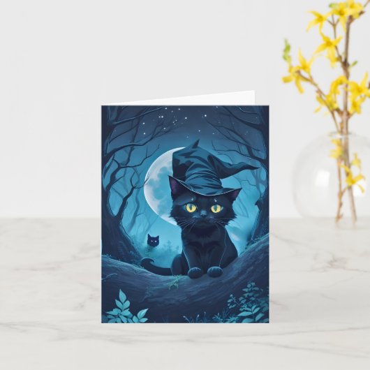 Schwarze Katze in Spooky Hat Blank Inside Karte (Gelbe Blume)