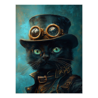Schwarze Katze in Steampunk-Kostüm Poster