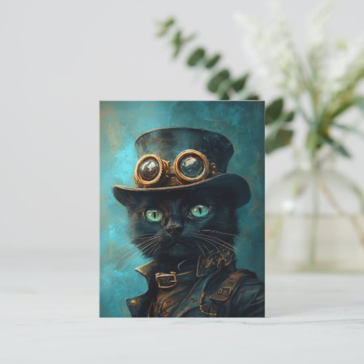 Schwarze Katze in Steampunk-Kostüm Postkarte (Stehend Vorderseite)