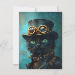 Schwarze Katze in Steampunk-Kostüm Postkarte