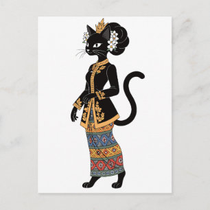 Schwarze Katze in traditioneller Batik-Kebaya-Kuns Postkarte