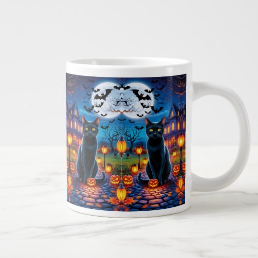 Schwarze Katze in verzauberter Halloween-Landschaf Jumbo-Tasse (Rechts)