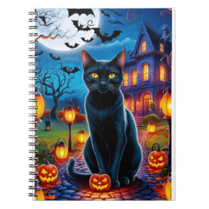 Schwarze Katze in verzauberter Halloween-Landschaf Notizblock
