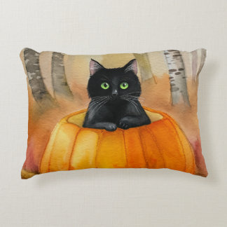 Schwarze Katze in Wasserfarbe, Pumpkin Herbstwaldh Dekokissen