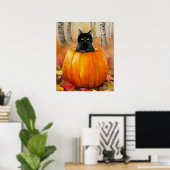 Schwarze Katze in Wasserfarbe, Pumpkin Herbstwaldh Poster (Heimbüro)
