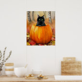Schwarze Katze in Wasserfarbe, Pumpkin Herbstwaldh Poster (Küche)