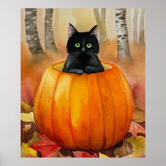 Schwarze Katze in Wasserfarbe, Pumpkin Herbstwaldh Poster (Vorne)