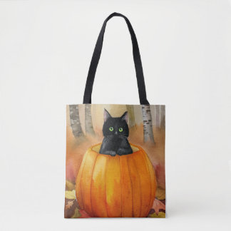 Schwarze Katze in Wasserfarbe, Pumpkin Herbstwaldh Tasche