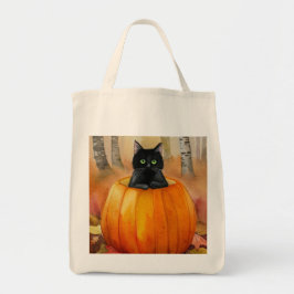 Schwarze Katze in Wasserfarbe, Pumpkin Herbstwaldh Tragetasche