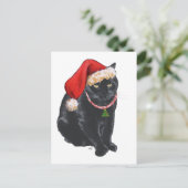 Schwarze Katze in Weihnachtsmannmütze Feiertagspostkarte (Stehend Vorderseite)