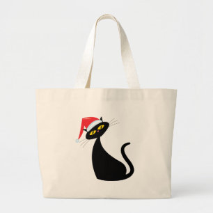 Schwarze Katze in Weihnachtsmannmütze Jumbo Stoffbeutel