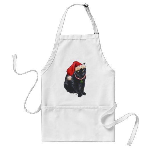 Schwarze Katze in Weihnachtsmannmütze Schürze (Vorne)