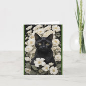 Schwarze Katze in weißen Blume Dankeskarte (Vorderseite)