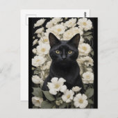 Schwarze Katze in weißen Blume Postkarte (Vorne/Hinten)
