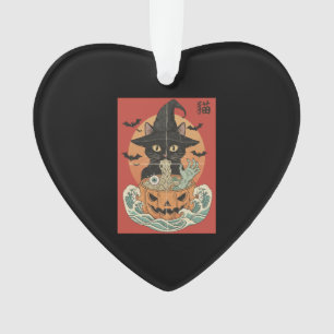 Schwarze Katze isst japanische Ramen zu Halloween Ornament