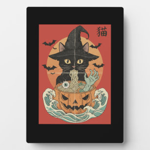 Schwarze Katze isst japanisches Ramen zu Halloween Fotoplatte