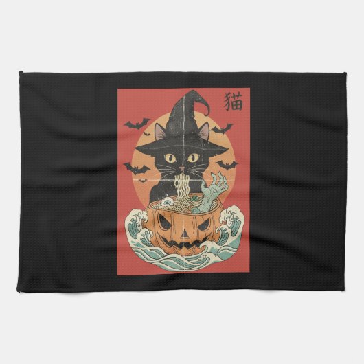 Schwarze Katze isst japanisches Ramen zu Halloween Geschirrtuch (Horizontal)