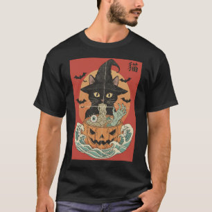 Schwarze Katze isst japanisches Ramen zu Halloween T-Shirt