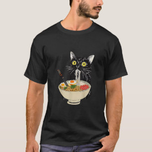 Schwarze Katze isst Ramen Japanischer Lebensmittel T-Shirt