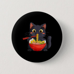 Schwarze Katze isst Ramen-Nudeln im Kawaii-Anime-S Button