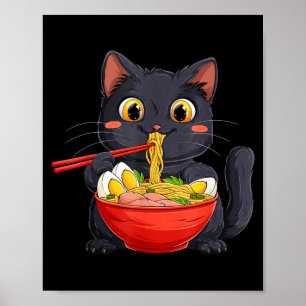 Schwarze Katze isst Ramen-Nudeln im Kawaii-Anime-S Poster