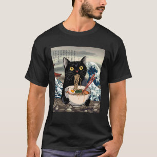 Schwarze Katze isst Ramen-Nudeln Japanische Wellen T-Shirt