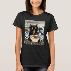 Schwarze Katze isst Ramen-Nudeln Japanische Wellen T-Shirt
