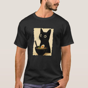 Schwarze Katze isst Ramen-Nudeln japanischer Vinta T-Shirt