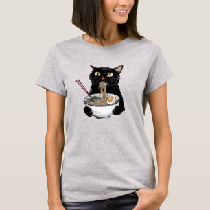 Schwarze Katze isst Ramen T-Shirt